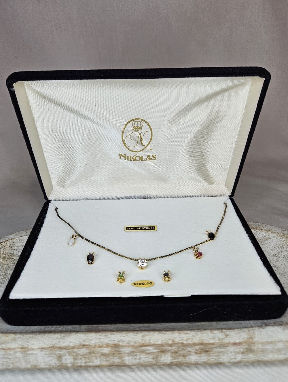 Vintage House of Nikolas Genuine Gemstone Charm Necklace Gold Tone NIB NOS